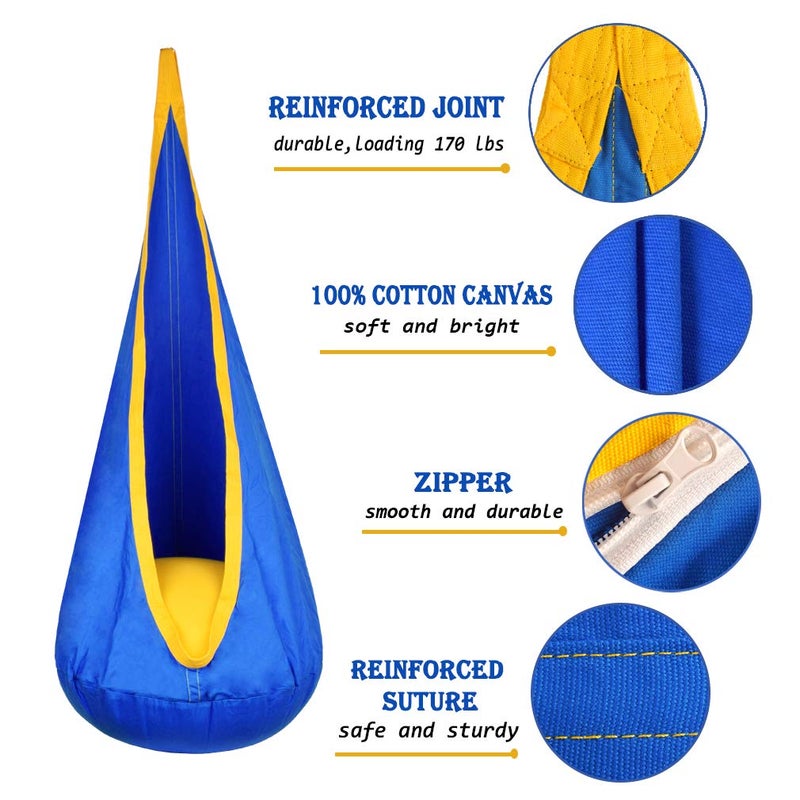 WUBOTIYU Kids Pod Swing Hanging Seat Child Hammock Chair Indoor and Outdoor Sensory Swing 100% Cotton Loading Capacity 170 lbs (Blue) - Image 2